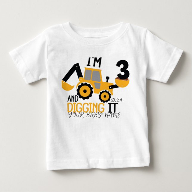 T-shirt Pour Bébé Personnalisé Trois 3e Anniversaire Construction (Devant)