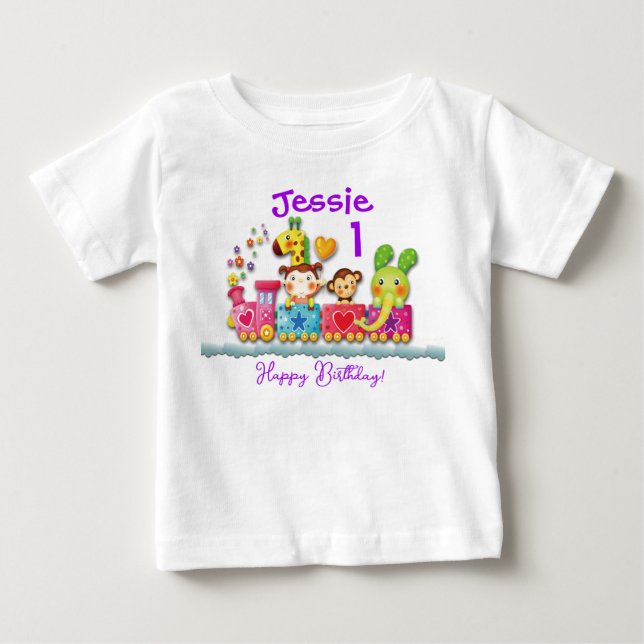 T-shirt Pour Bébé Personnaliser Anniversaire Animal Train Jeune enfa (Devant)