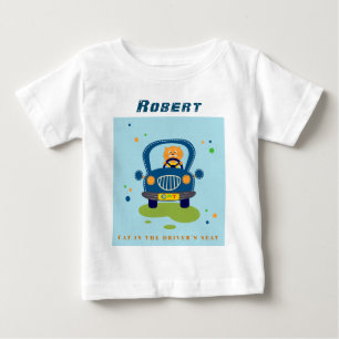 T-shirt Pour Bébé Personnaliser Chat dans la voiture Bleue Cute