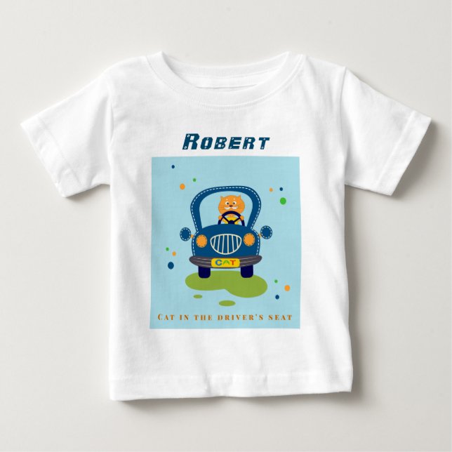 T-shirt Pour Bébé Personnaliser Chat dans la voiture Bleue Cute (Devant)