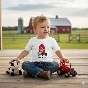 T-shirt Pour Bébé Personnalisez grange de ferme et tracteur rouge Mi
