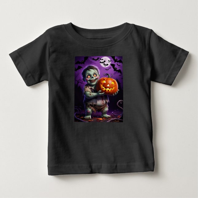T-shirt Pour Bébé Petit Monstre Vert et ami Citrouille (Devant)