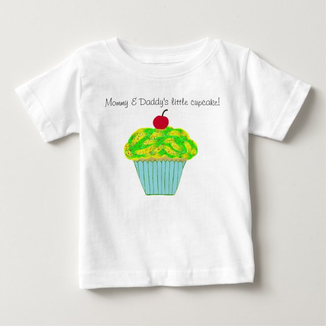 T-shirt Pour Bébé Petite cupcake vert jaune maman et papa (Devant)