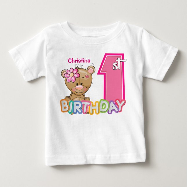 T-shirt Pour Bébé Petite fille premier anniversaire Teddy Bear (Devant)