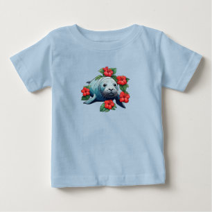 T-shirt Pour Bébé Phoque Moine Hawaïen Et Fleurs D'hibiscus Rouges
