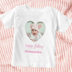 T-shirt Pour Bébé Photo cœur nom anniversaire fille rose