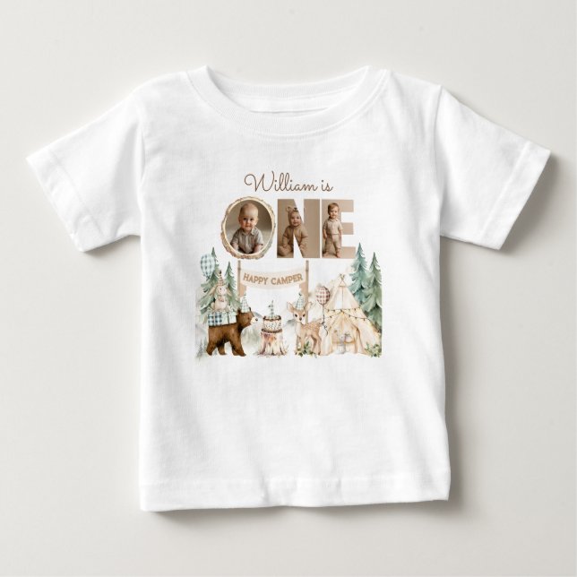 T-shirt Pour Bébé Photo d'un joyeux campeur pour un premier annivers (Devant)