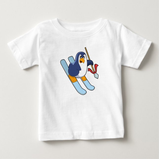 T-shirt Pour Bébé Pingouin comme skieur avec ski (Devant)