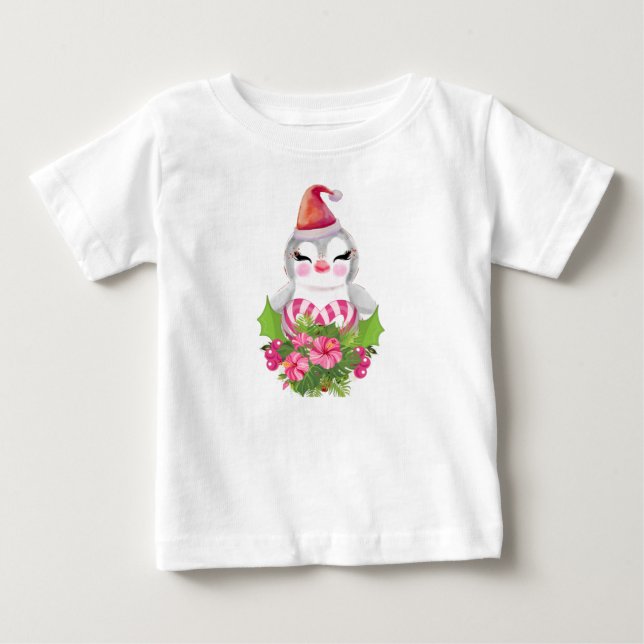 T-shirt Pour Bébé Pingouin de Noël mignon à Santa Hat (Devant)