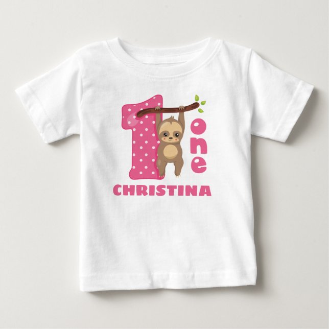 T-shirt Pour Bébé Pink Baby Sloth 1er anniversaire (Devant)
