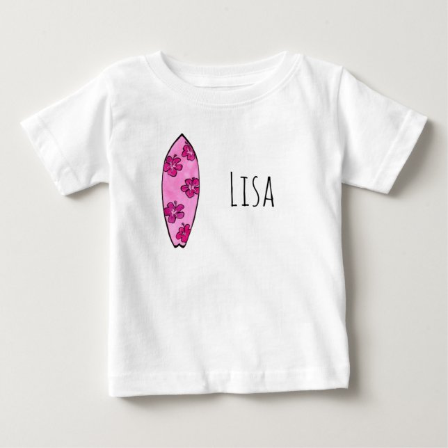 T-shirt Pour Bébé Pink hibiscus Surfboard avec nom personnalisable (Devant)