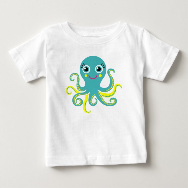 T-shirt Pour Bébé Poulpe bleu et jaune (Devant)