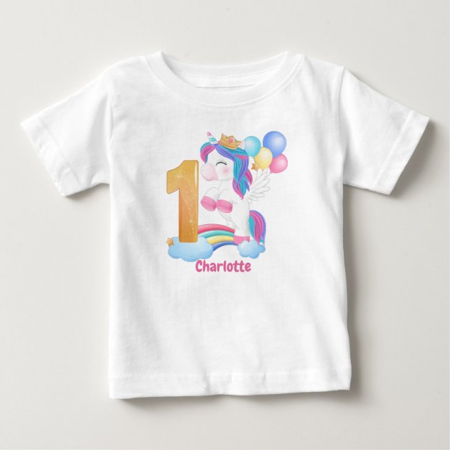 T-shirt Pour Bébé Premier anniversaire de l'Unicorne Rainbow (Devant)