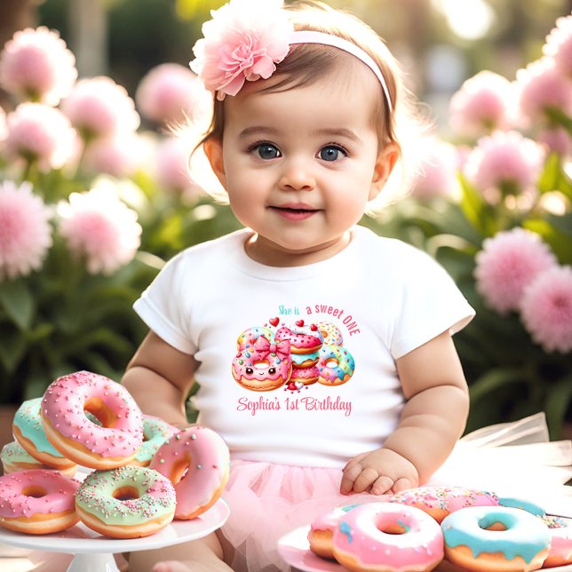 T-shirt Pour Bébé Premier Anniversaire Douce Chère Fille au Nom Mign (1st Birthday Sweet One Cute Donut Girl Name Baby T-Shirt)