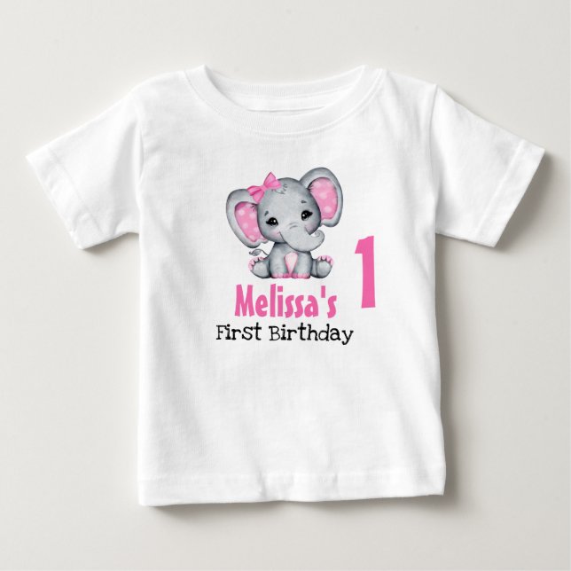 T-shirt Pour Bébé Premier anniversaire d'un éléphant bébé rose migno (Devant)