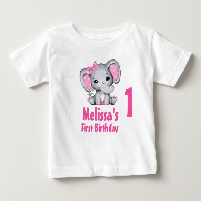T-shirt Pour Bébé Premier anniversaire d'un éléphant bébé rose migno (Devant)