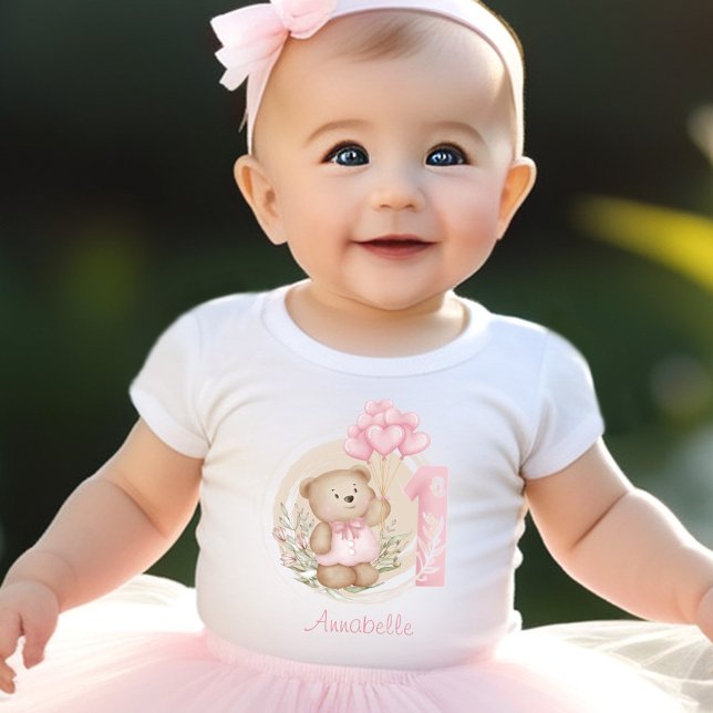 T-shirt Pour Bébé Premier Anniversaire Mignonne Ours Et Ballons Coeu (First Birthday Cute Teddy Bear & Heart Balloons Baby T-Shirt)