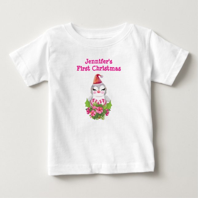 T-shirt Pour Bébé Premier mignon pingouin de Noël à Santa Hat (Devant)