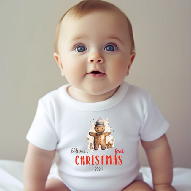 T-shirt Pour Bébé Première Aquarelle de Noël du bébé Gingerman Nom (Créateur téléchargé)