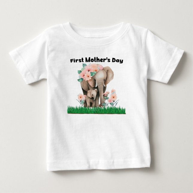 T-shirt Pour Bébé Première fête des mères éléphant mignon (Devant)