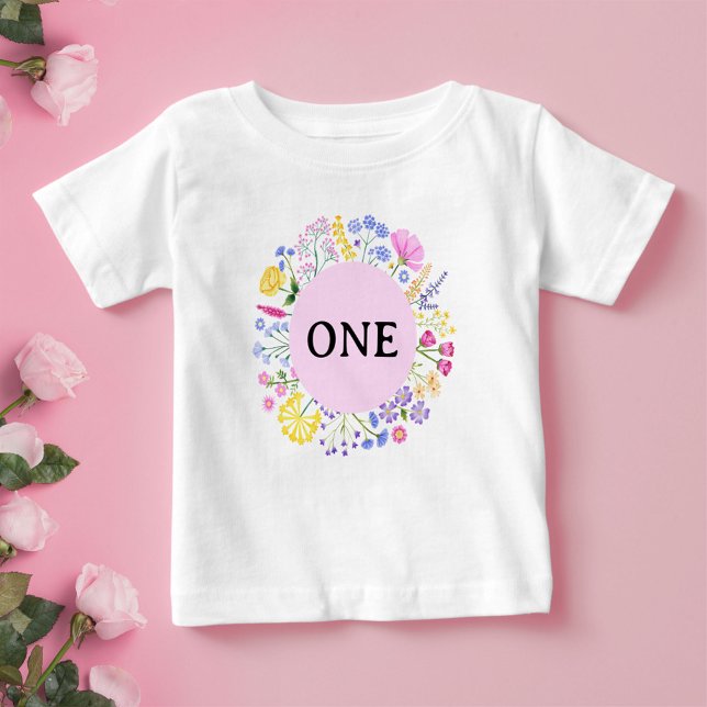 T-shirt Pour Bébé Printemps Fleur sauvage premier anniversaire bébé  (Spring Wildflower First Birthday Baby Girl Baby T-Shirt)