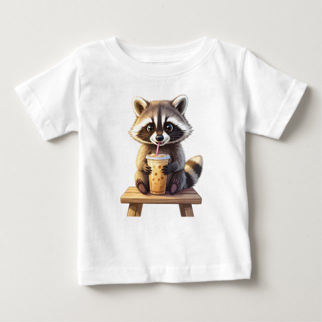 T-shirt Pour Bébé Raccoon Drinking Iced Coffee (Devant)