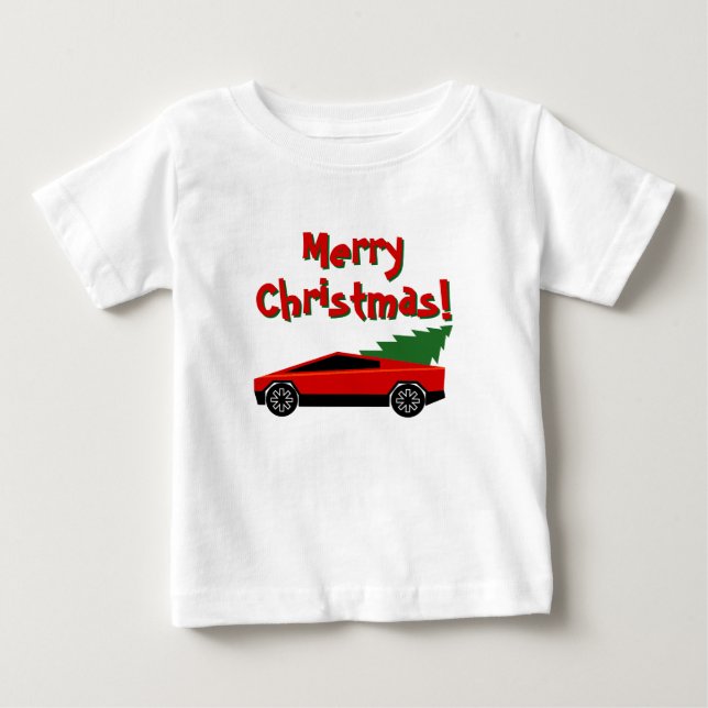 T-shirt Pour Bébé Red Tesla truck hauling a Christmas tree cute (Devant)