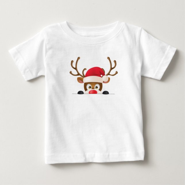 T-shirt Pour Bébé Reindeer in santa hat peeking out. (Devant)
