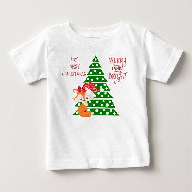 T-shirt Pour Bébé Renard adorable et arbre de Noël (Devant)
