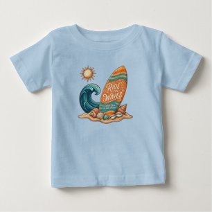 T-shirt Pour Bébé Ride the Waves Surfboard Illustration - Tropical S