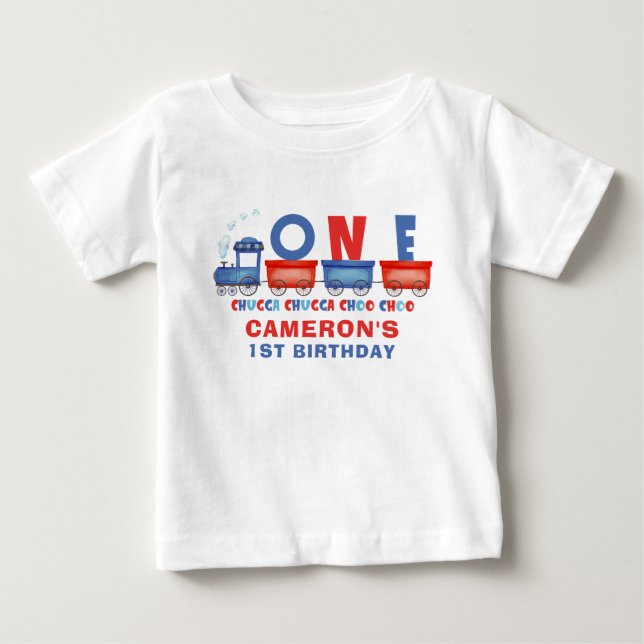 T-shirt Pour Bébé Rouge Bleu Chugga Chugga Train 1er Anniversaire  (Devant)