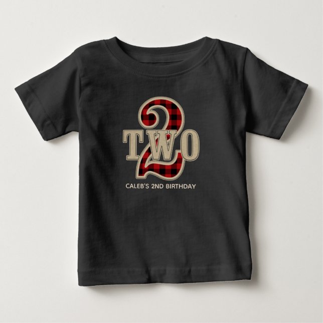 T-shirt Pour Bébé Rouge rustique Buffle noir Plaid 2e fête d'anniver (Devant)