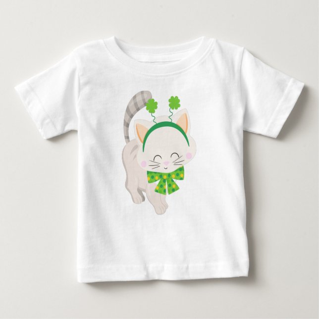 T-shirt Pour Bébé Saint Patrick's Day, Chat mignon, Clovers chanceux (Devant)