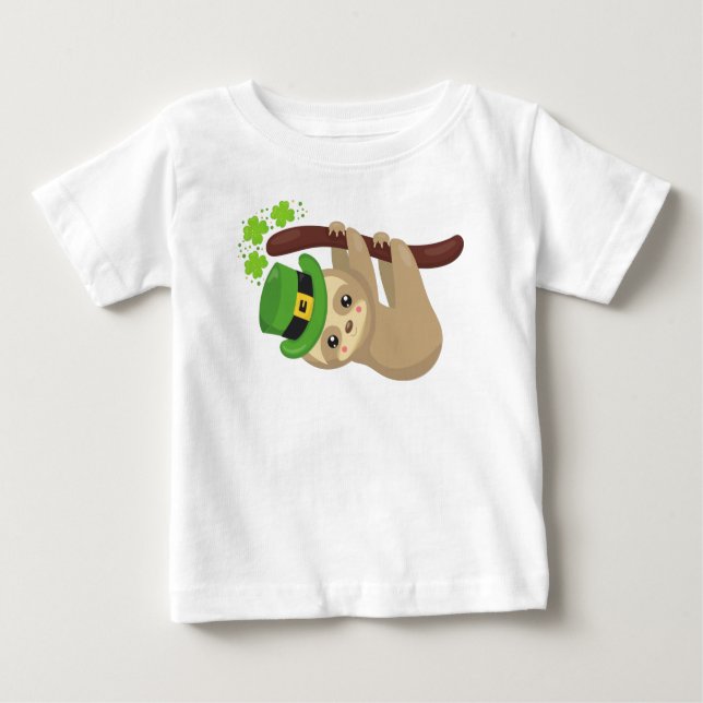 T-shirt Pour Bébé Saint Patrick's Day Sloth, Leprechaun Casquette, C (Devant)
