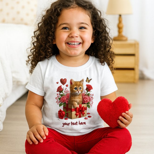 T-shirt Pour Bébé Saint-Valentin chaton roux coeurs rouges et roses (Brighten her day with this adorable kitten tee perfect for Valentine’s smiles and cozy playtime!)