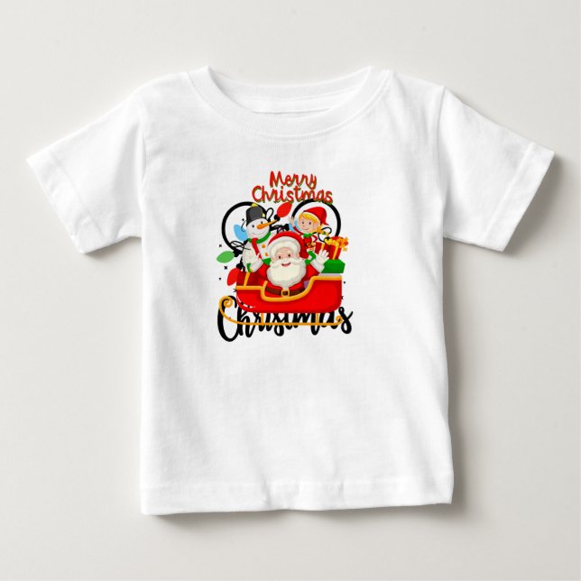 T-shirt Pour Bébé Santa Sleigh Merry Christmas Cartoon (Devant)