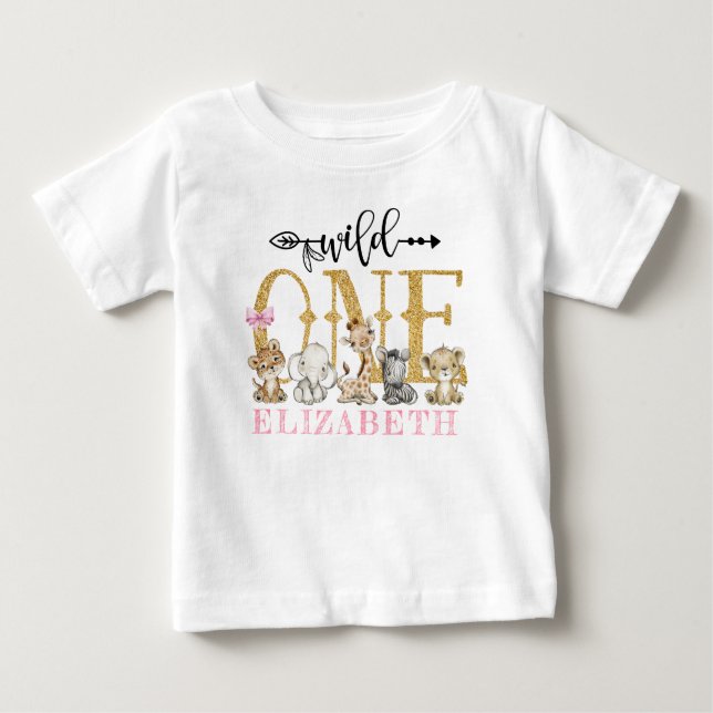 T-shirt Pour Bébé SAUVAGE PERSONNALISÉ UN Safari rose Premier annive (Devant)