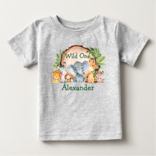 T-shirt Pour Bébé Sauvage Un 1er anniversaire Safari Animaux Gris