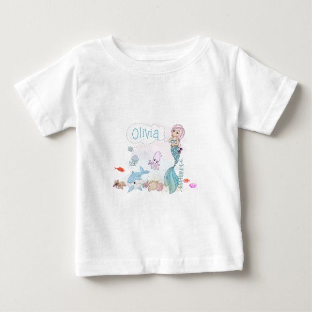 T-shirt Pour Bébé Sous l'océan Sirène Douce Personnalisée (Devant)