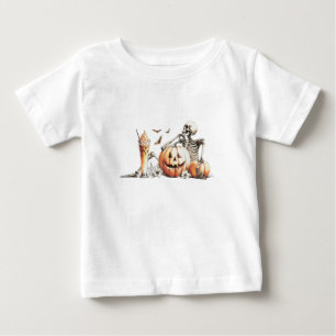 T-shirt Pour Bébé Squelette avec citrouille et boire. Halloween.