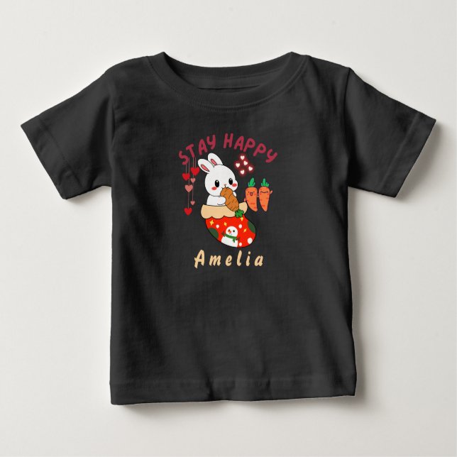 T-shirt Pour Bébé Stay Happy Bunny Amelia Custom Name (Devant)