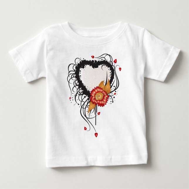 T-shirt Pour Bébé Style Grunge Noir Coeur et Fleur (Devant)