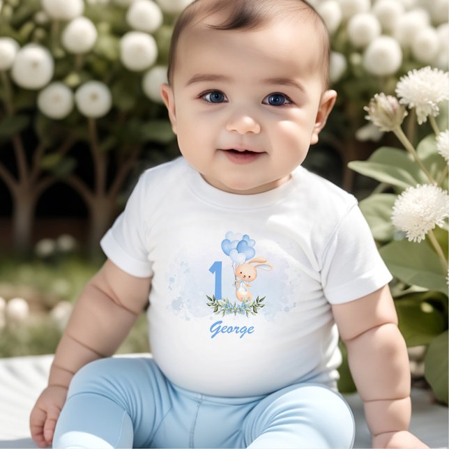 T-shirt Pour Bébé Superbe Bunny Bleu 1er Anniversaire Nom Vert Print (Cute Bunny Blue 1st Birthday Boy Greenery Spring Baby T-Shirt)
