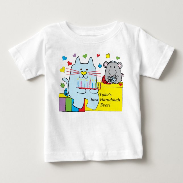 T-shirt Pour Bébé T-shirt bébé Hanukkah Bleu Chat et Souris (Devant)