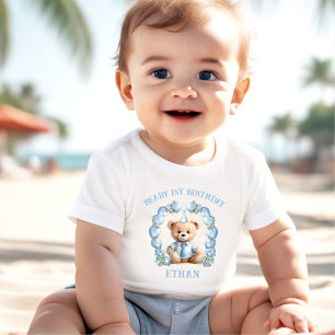T-shirt Pour Bébé T-shirt bébé ours 1er anniversaire bleu beige