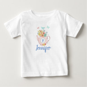 T-shirt Pour Bébé Teapot rose avec Fleurs et Papillons Anniversaire