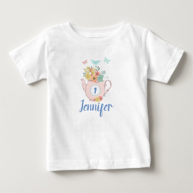 T-shirt Pour Bébé Teapot rose avec Fleurs et Papillons Anniversaire (Devant)