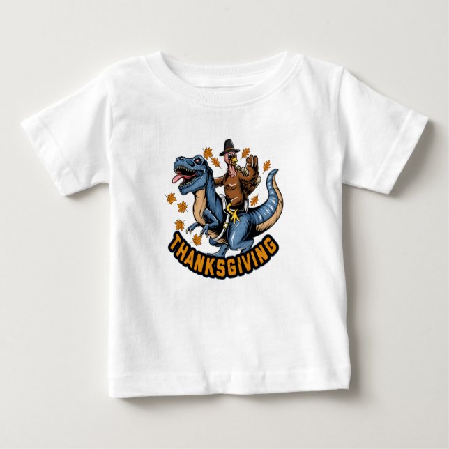 T-shirt Pour Bébé Thanksgiving dinde de vacances chevauchant un tyra (Devant)