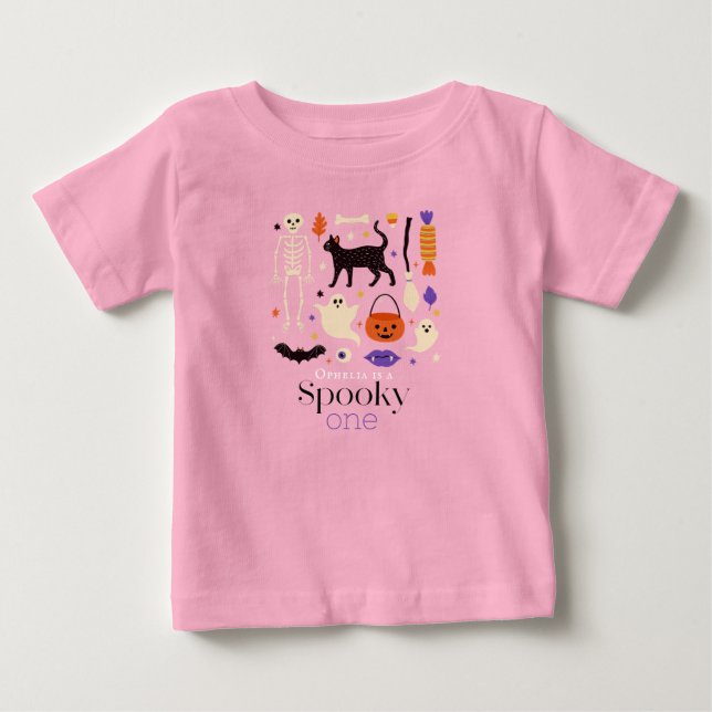 T-shirt Pour Bébé Un an de motifs d'Halloween rose Spooky One (Devant)