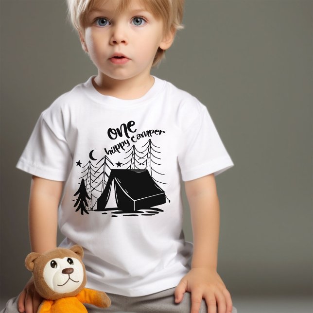 T-shirt Pour Bébé Un Joyeux Camper Doodle Art premier anniversaire (One happy camper first birthday t-shirt)
